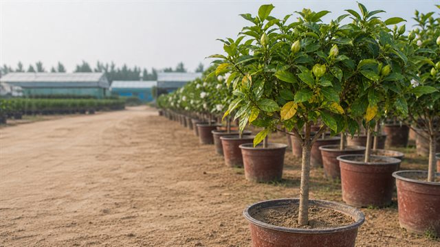 栀子花到货后少量黄叶和盆土状态配图