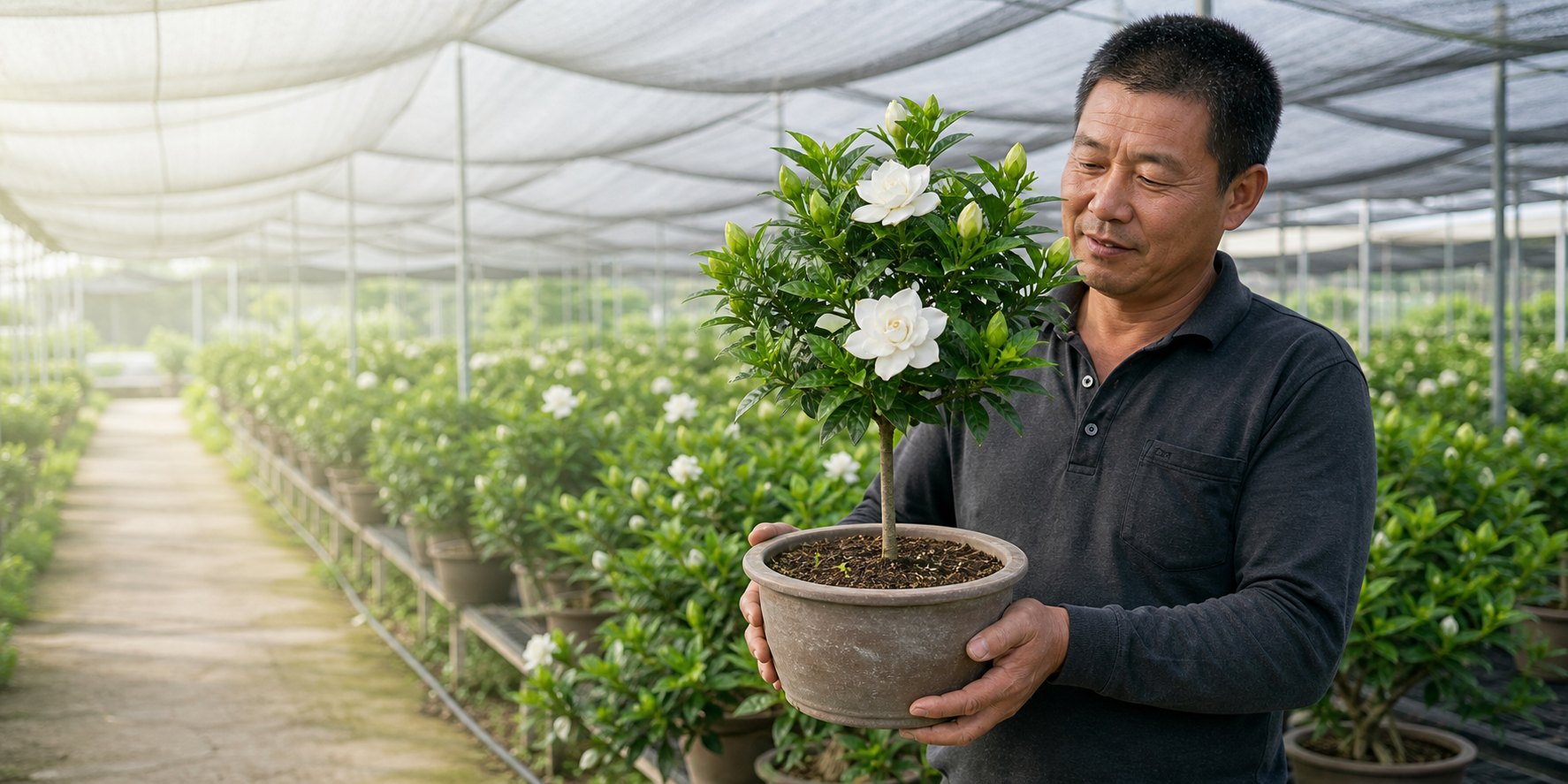 花农抱起独杆栀子花盆景给采购客户看苗