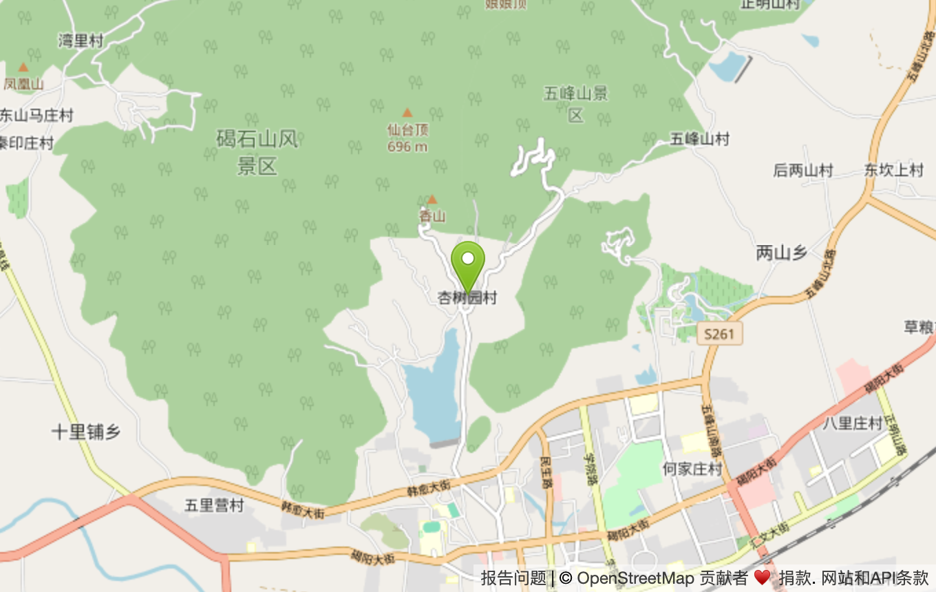 杏树园村位置图，位于碣石山风景区南侧、昌黎城区北侧